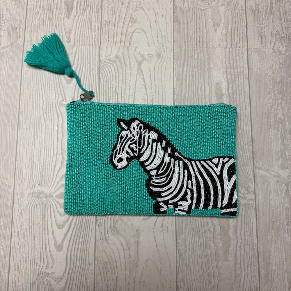 America & Beyond Beaded Zebra Clutch Purse Turquoise Black White Tassel Boho Bag
